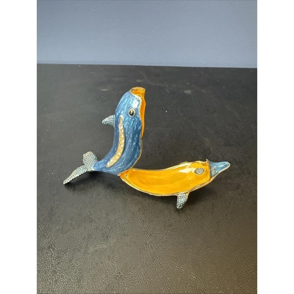 Enamel Trinket Box‎ Blue Dolphin Porpoise Fish Rhinestones Ocean Beach 3 1/2